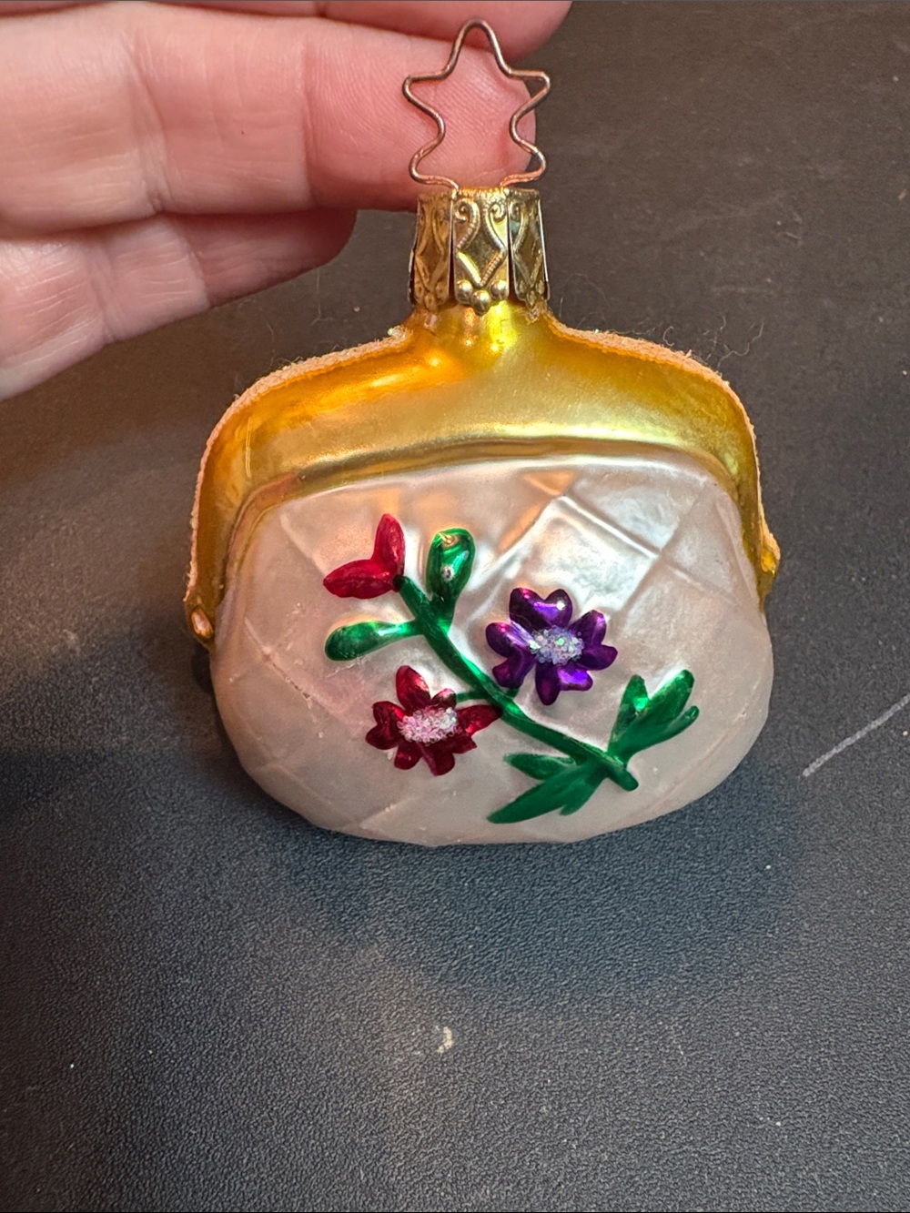 Vintage Germany Blown Glass Quilted Purse Christmas Ornament Floral